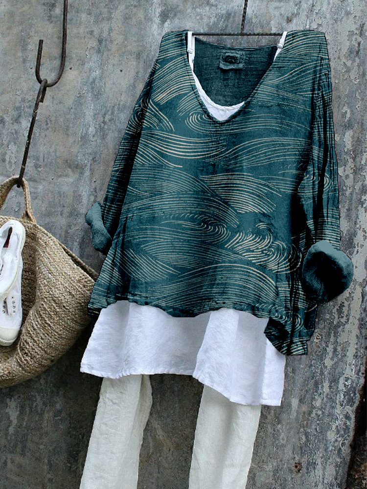 Comstylish The Water Pattern Linen Blend Flowy Tunic