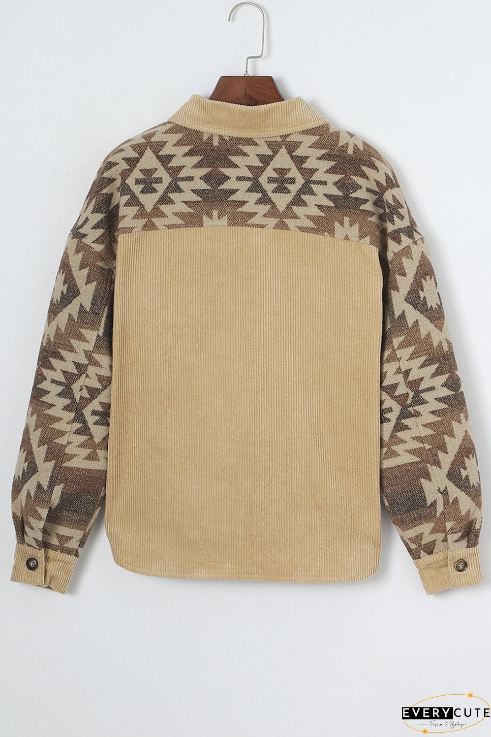 Khaki Aztec Print Patchwork Frayed Edge Corduroy Jacket