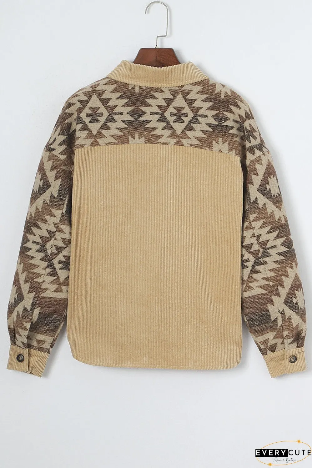 Khaki Aztec Print Patchwork Frayed Edge Corduroy Jacket