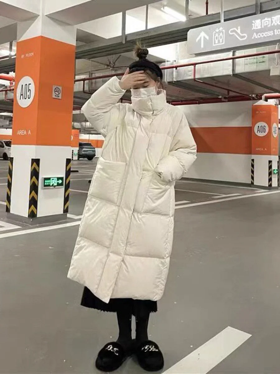 Toloer Standing Collar Long White Duck Down Down Jacket Female 2024 Winter New Thick Large Pocket Over The Knee Loose Warm Coat-Outfit Ideas