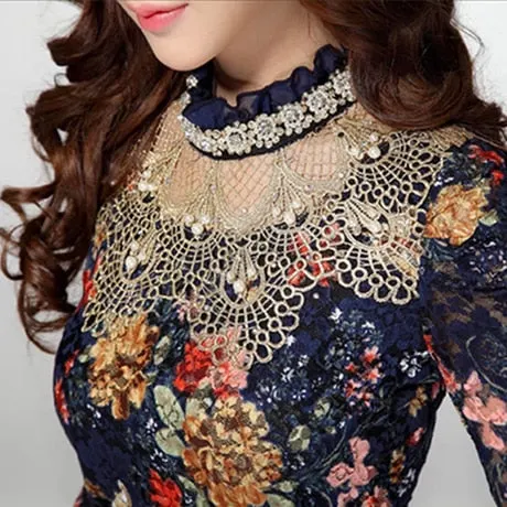 2021 Women Tops Floral Lace Fashion Black Top Casual Girl Blouse Diamond Beaded Lace Shirt Female Tops Women Clothes 3115 25