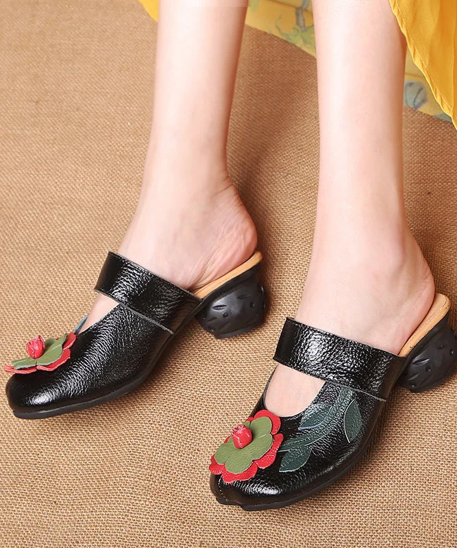 Soft Splicing Chunky Black Cowhide Leather Slide Sandals