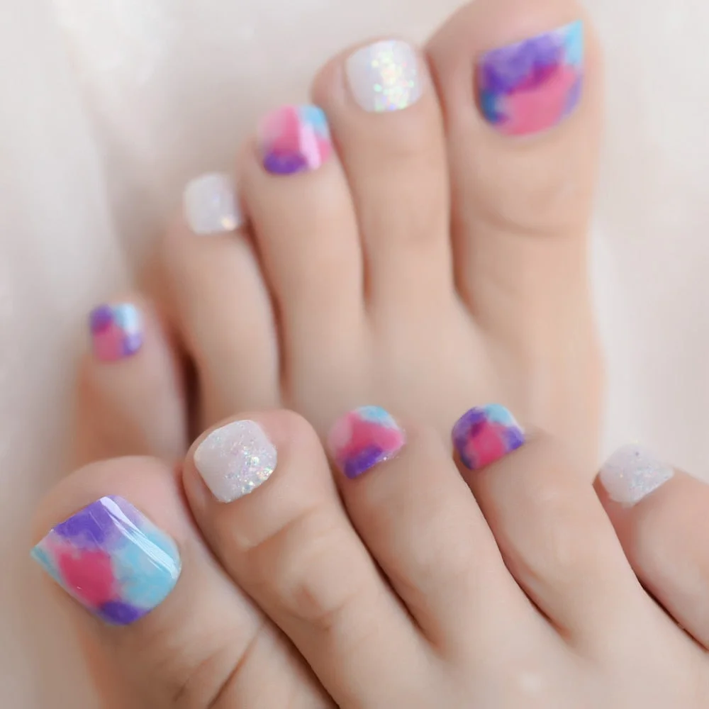 EchiQ Toe Nails Short Square Mix&Match Fashions Charms Glitter Pre-Design Press ON Foot Nails Wholesale-Nail Inspo