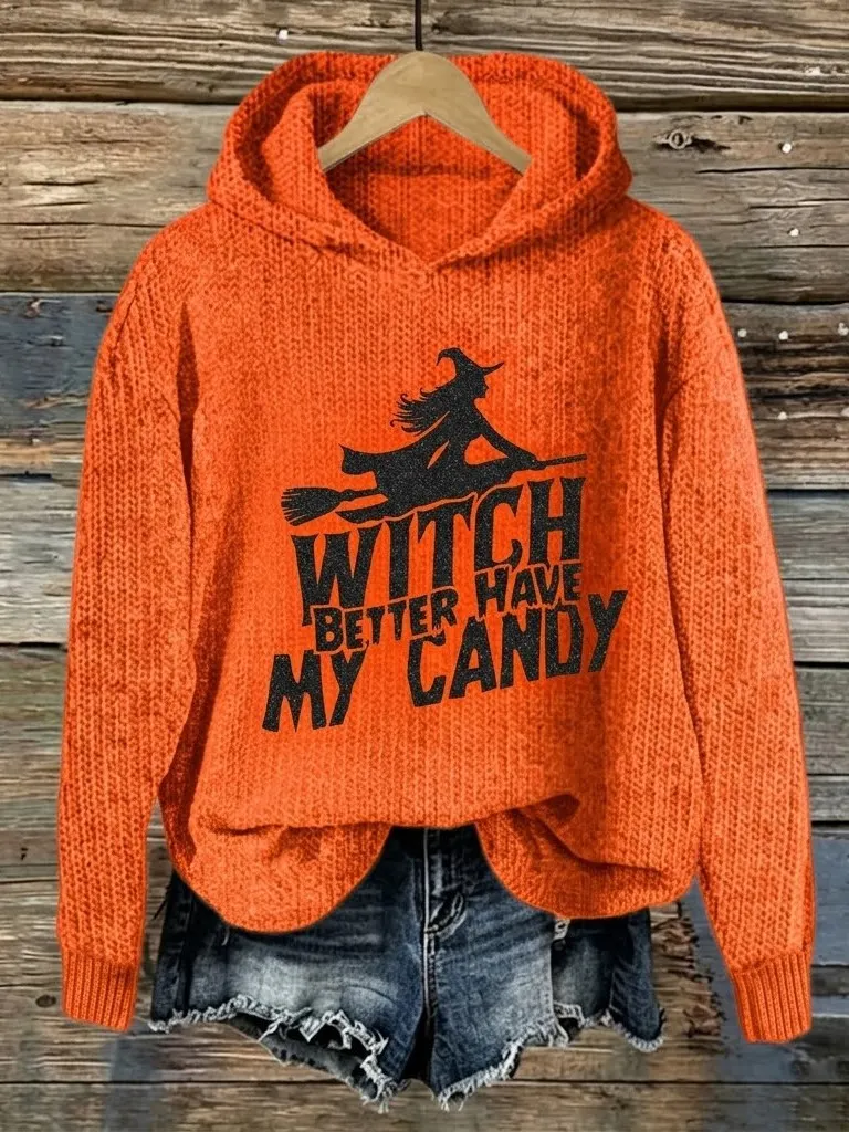 Comstylish Women's Retro Halloween Theme Witch Print Sweater