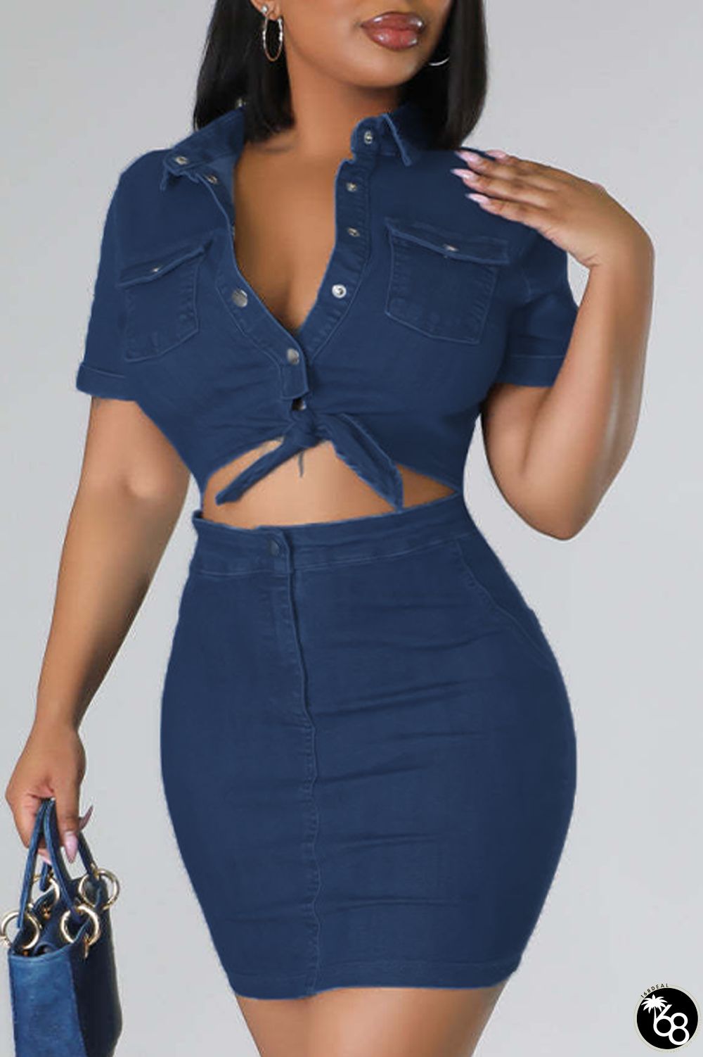 Deep Blue Sexy Solid Patchwork Pocket Knotted Turndown Collar Short Sleeve Mid Waist Skinny Denim Dresses | 168DEAL