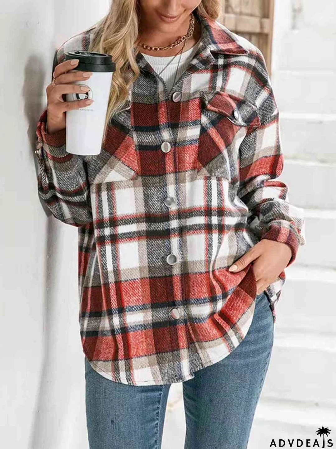 Plaid Collared Neck Button Down Jacket