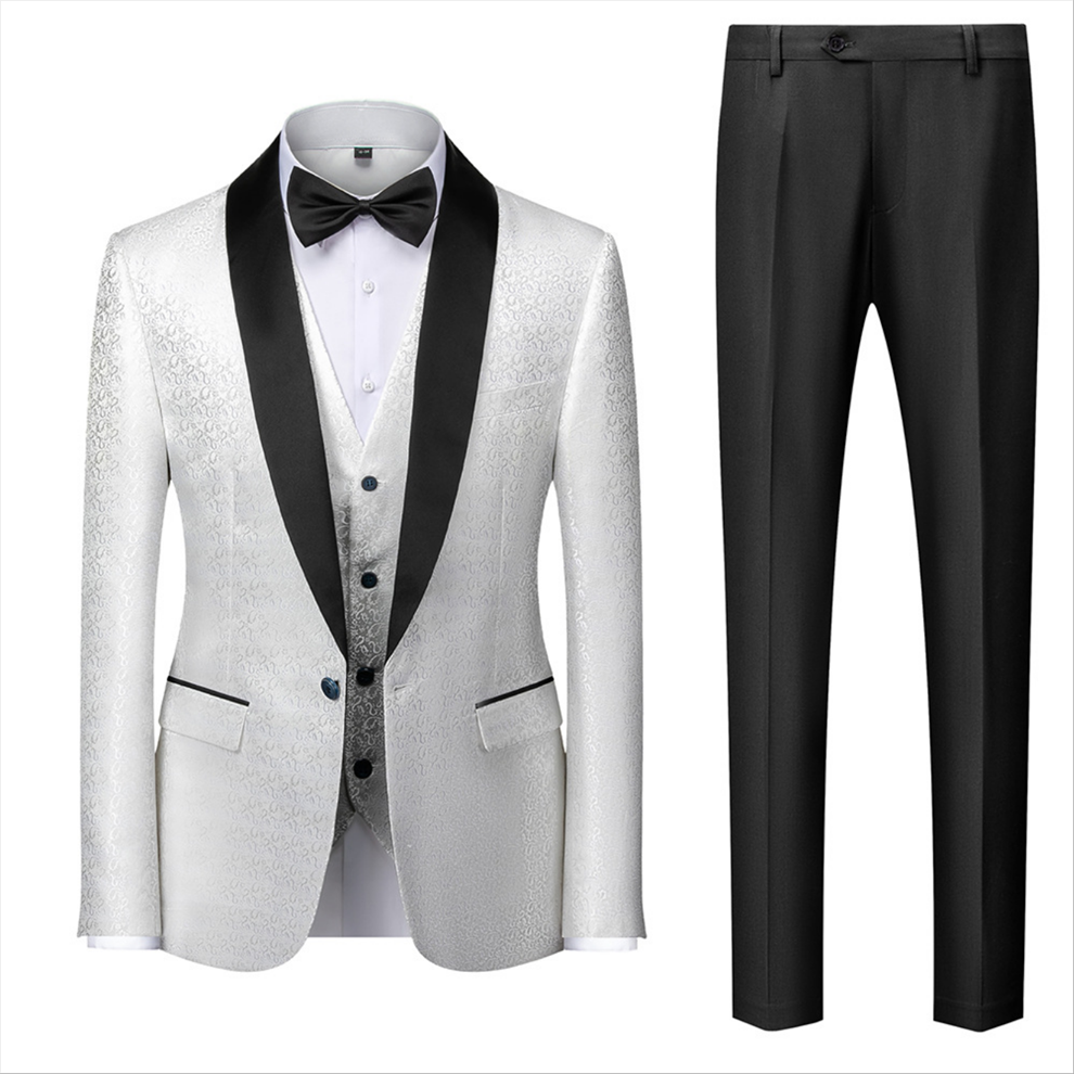 Elegant  Business Man's Suit For Prom Satin Shawl Lapel  Black And White With Jacquard