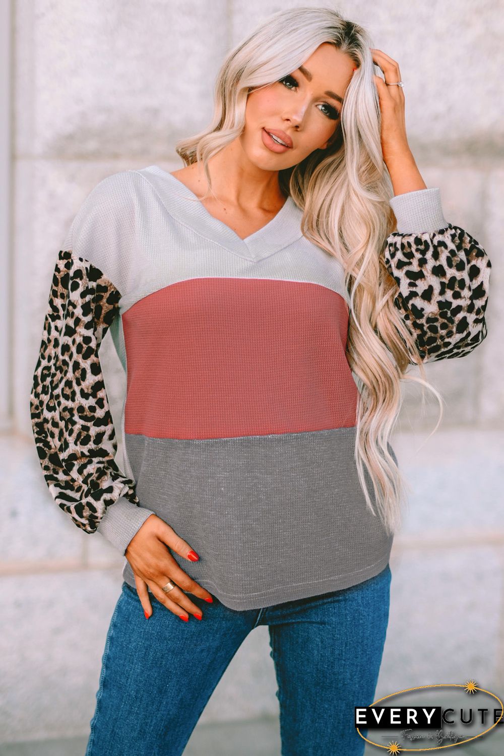 Red Wild Leopard Contrast Sleeve Colorblock Waffle Knit Top