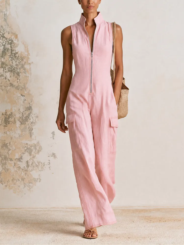 Blush‑Pink Sleeveless Zip‑Front Linen Wide‑Leg Cargo Jumpsuit