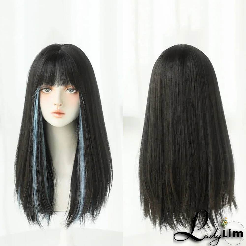 Blue Highlights Long Straight Wig With Neat Bangs