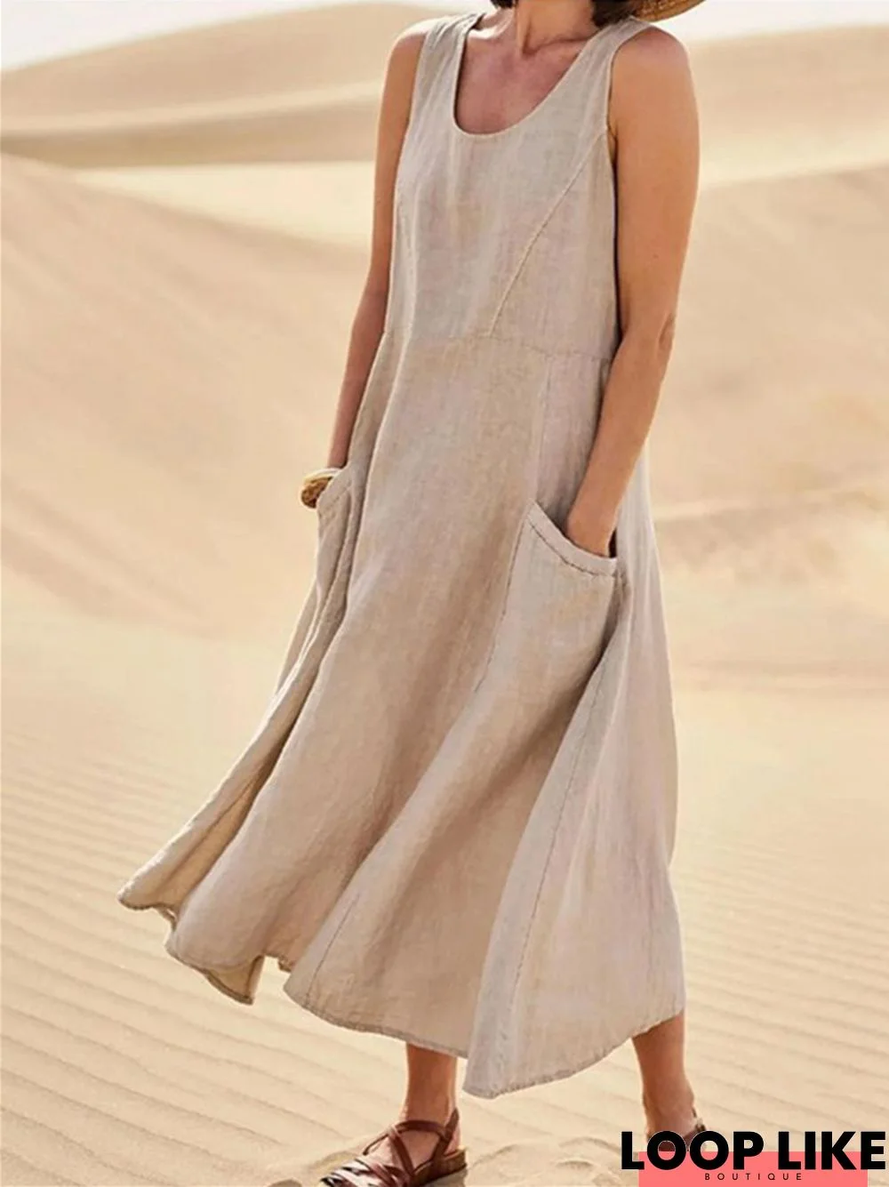 Sleeveless Women Cotton and Linen Long Dress