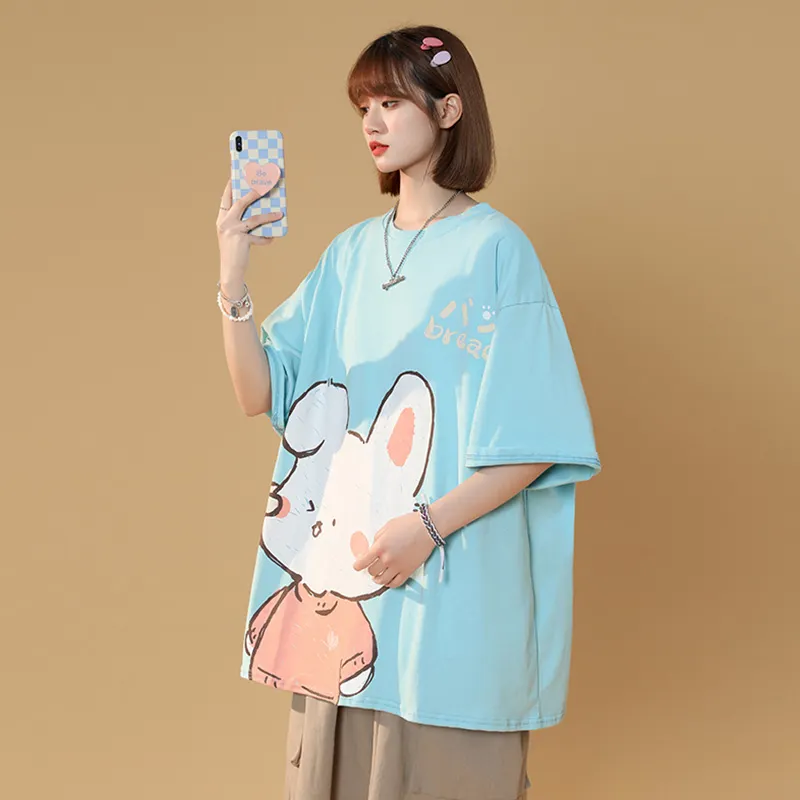 Cartoon Bunny Print Round Collar Casual T-Shirt