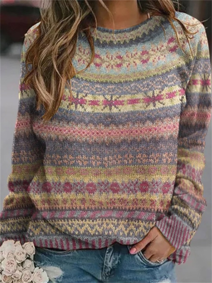 Printed Women's Sweater Pattern Sweater Casual Loose Long-sleeved Knit Tops