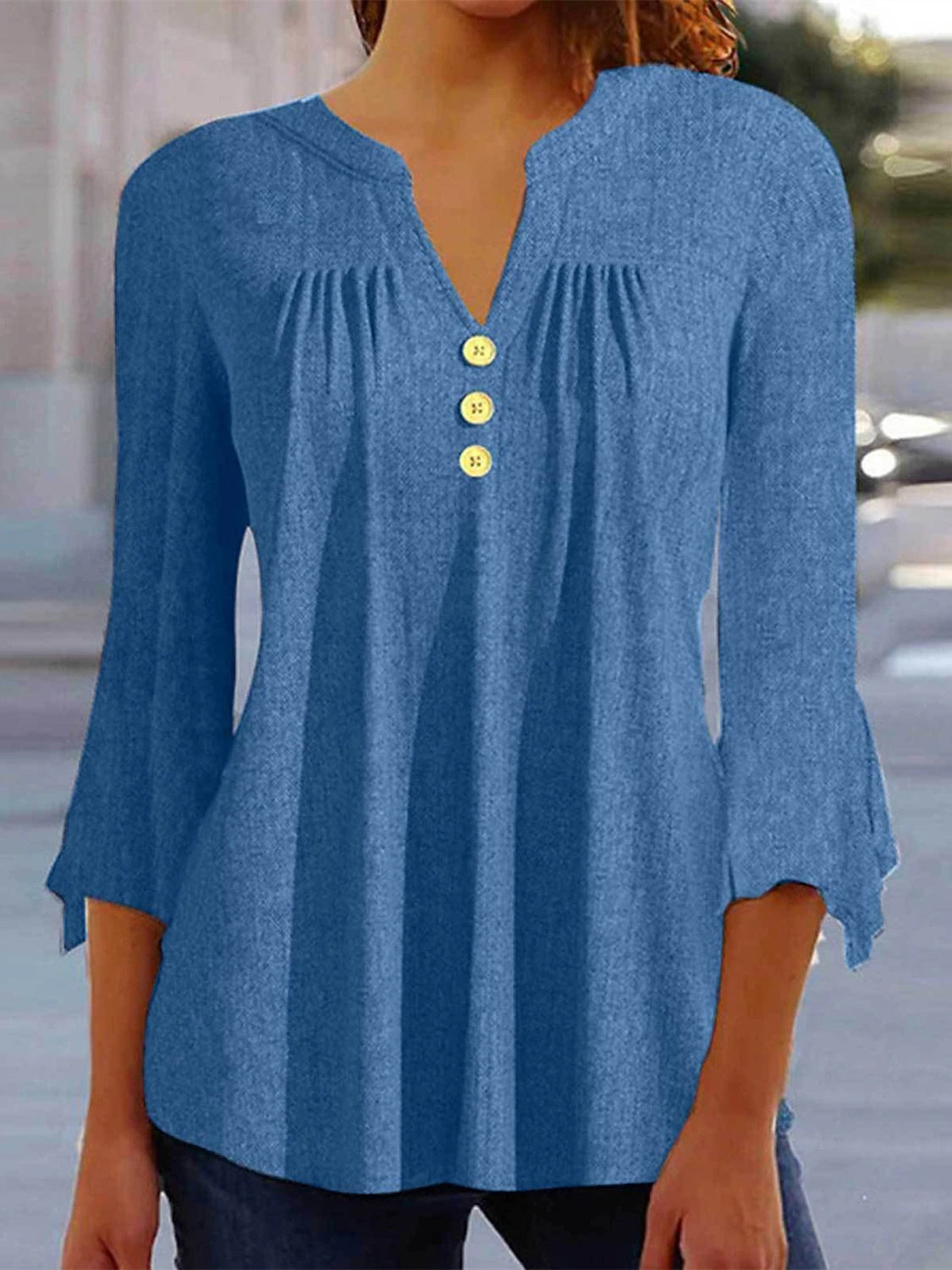 Women's 3/4 Sleeve V-Neck Solid Buttons Tops