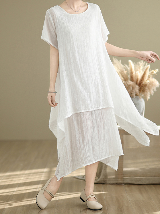 Double Layer Short Sleeve Round Neck Solid Color Irregular Hem Midi Dress