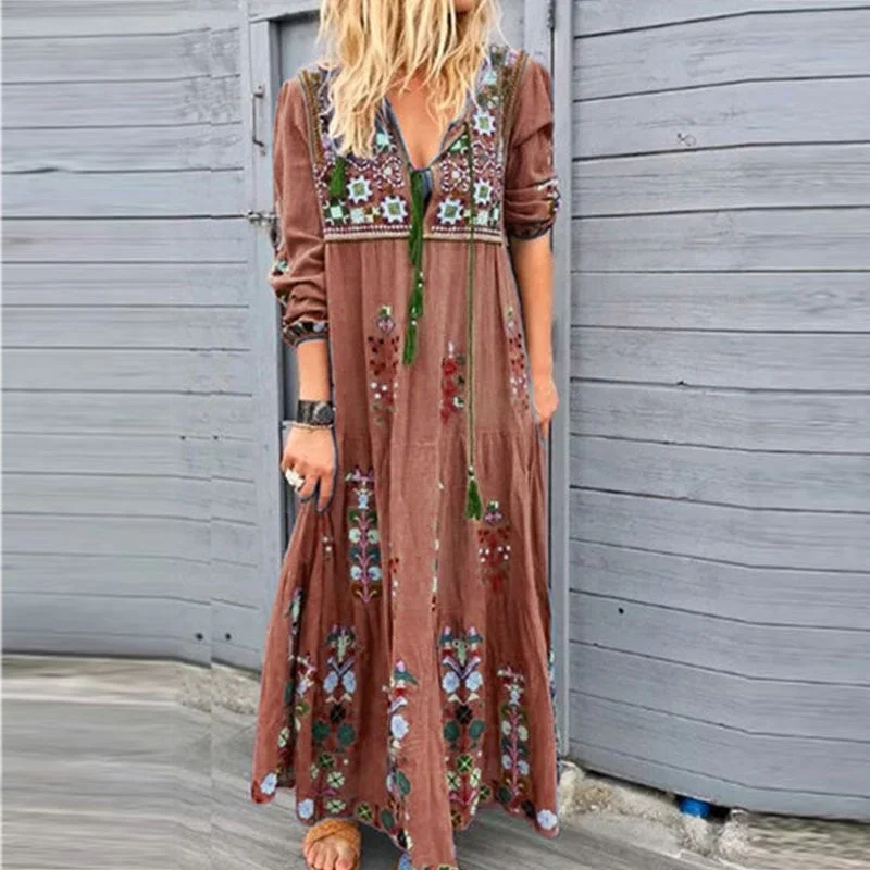 Plus Size Womens Long Sleeve Print Dress Autumn V Neck Drawstring Maxi Dresses Boho Ladies Casual Loose Ankle-length Sundress