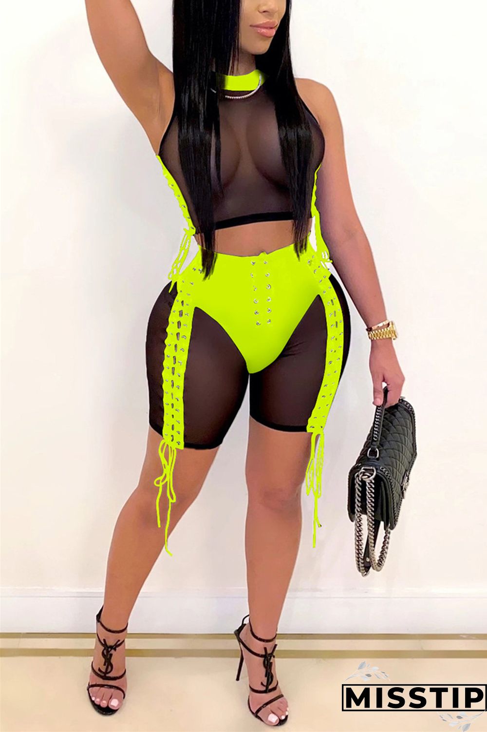 Blue Fashion Sexy Sleeveless O Neck Off The Shoulder Short Patchwork Two Pieces