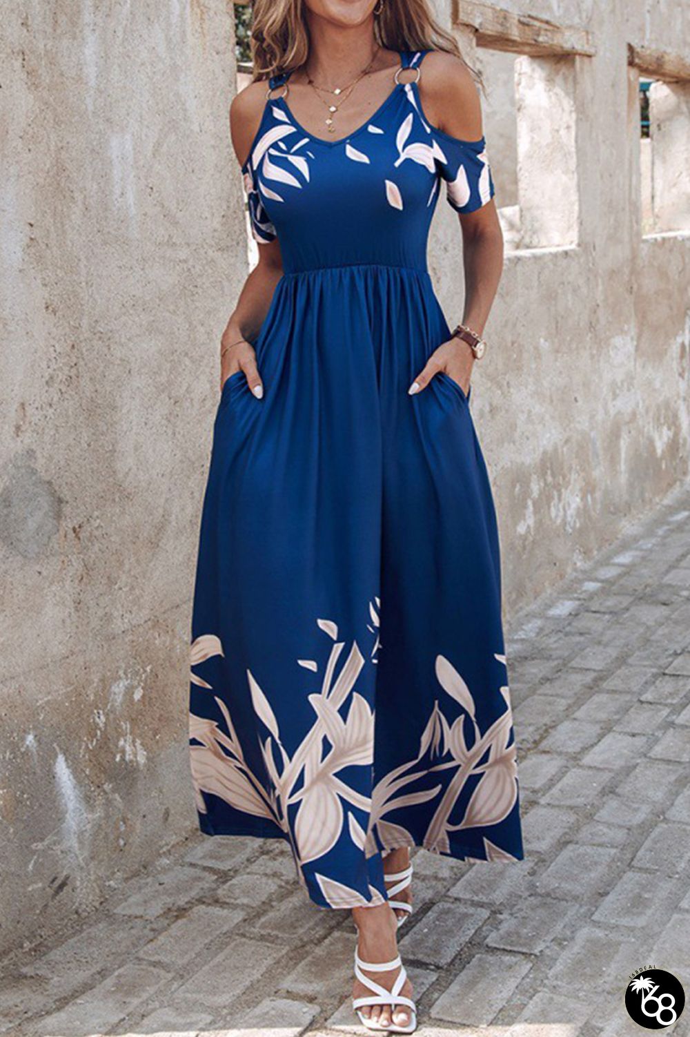 Casual Vintage Floral Pocket Fold V Neck A Line Dresses | 168DEAL