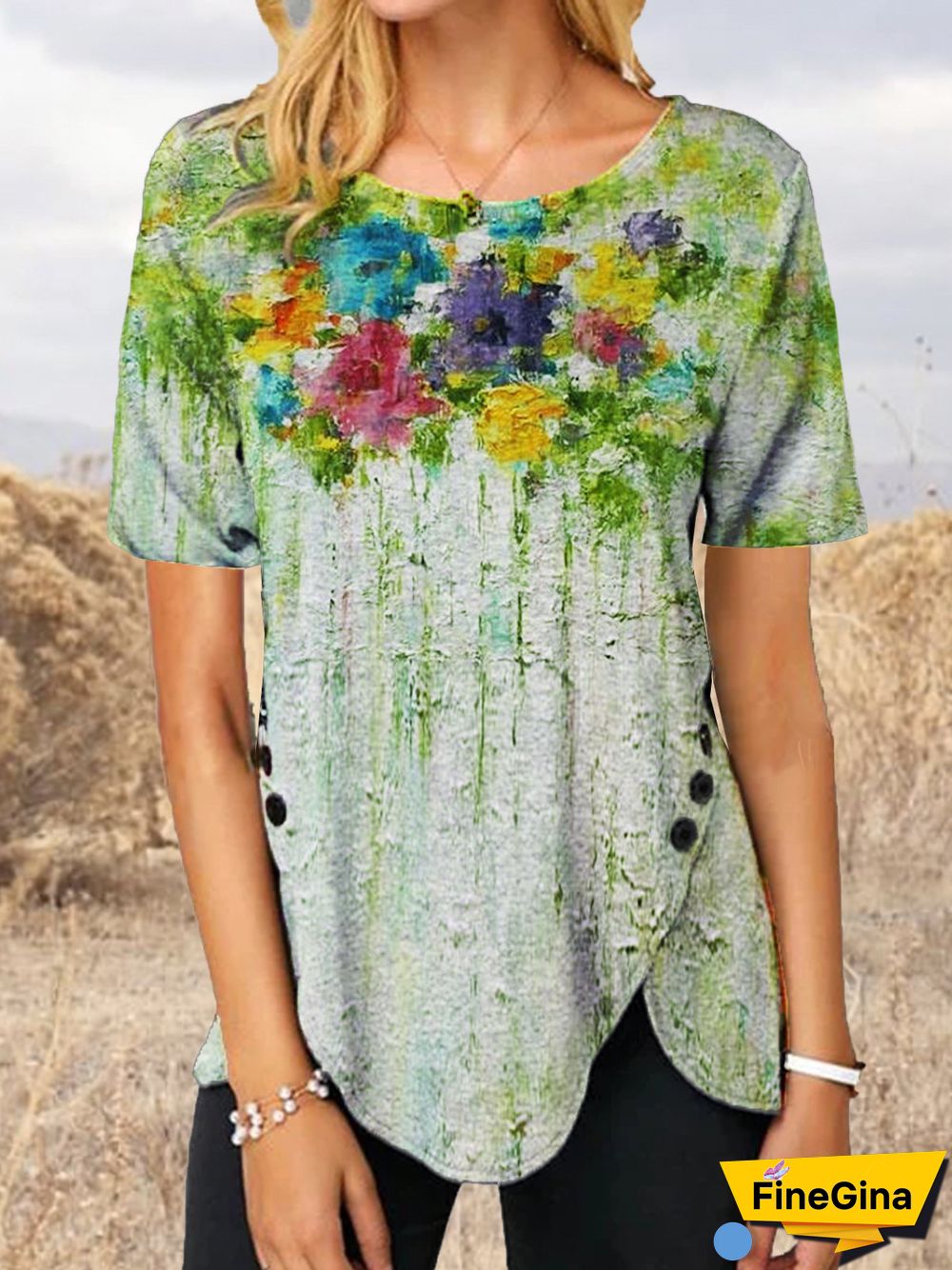 Floral Cotton-Blend Casual Short Sleeve Floral-Print T-shirt