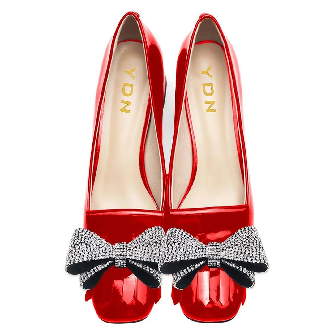 Red Square Toe Fringe Chunky Heel Rhinestone Bow Pumps Shoes