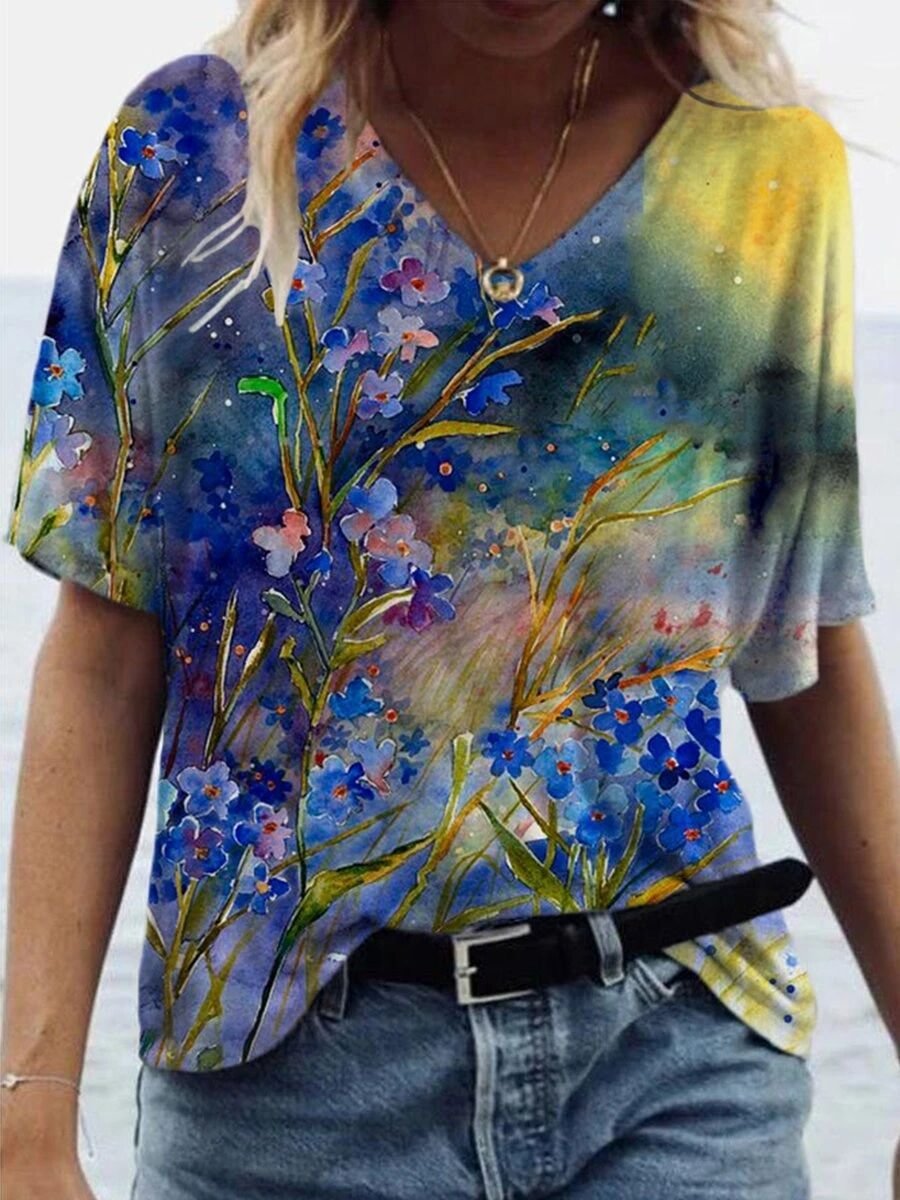 Flower Painting Print Short-Sleeved T-Shirt