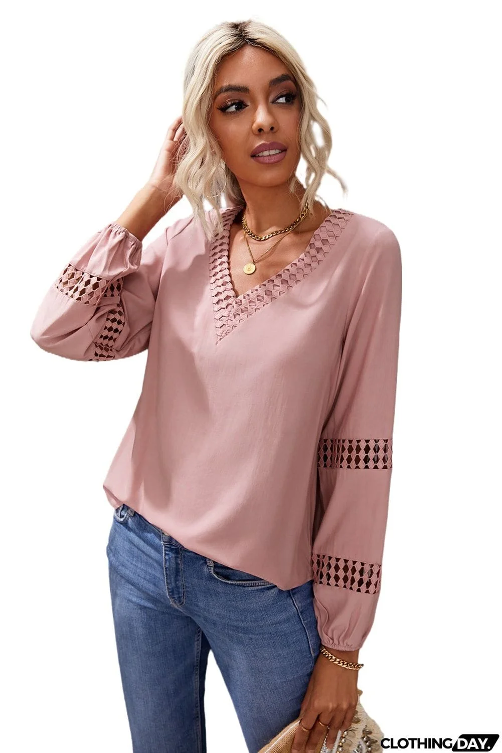 Deep V Neck Crochet Hollow-out Blouse