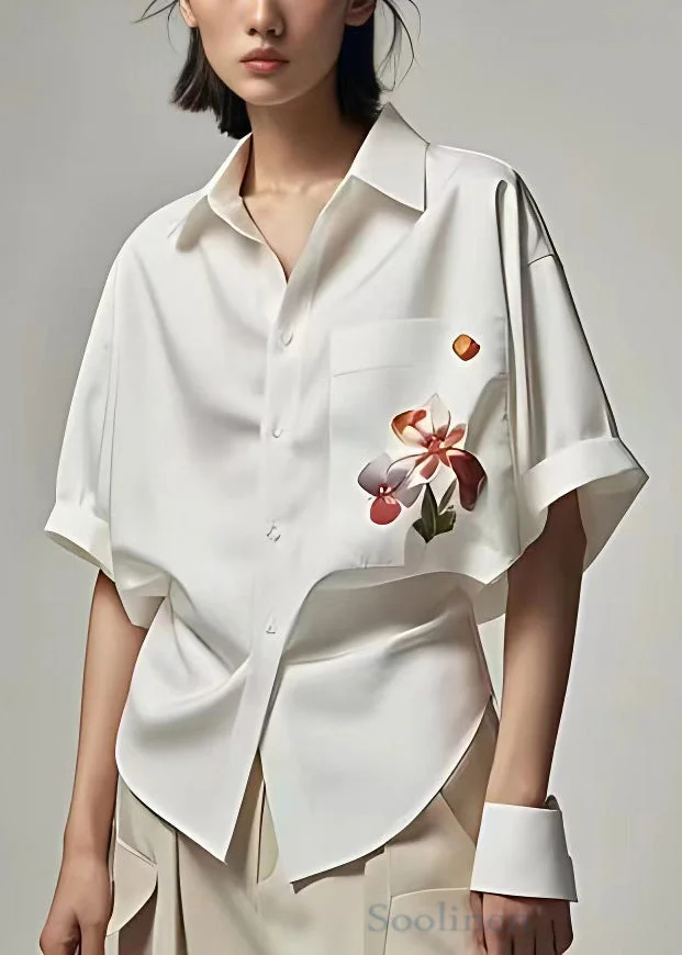 Pre sale - shipping in 30 days/Women White Peter Pan Collar Button Print Cotton Shirt Summer