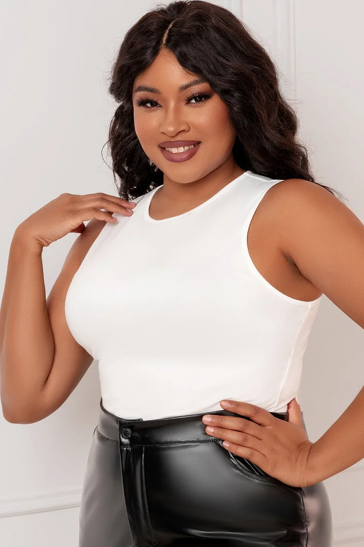 Xpluswear Design Plus Size White Casual Round Neck Sleeveless Tank Tops 