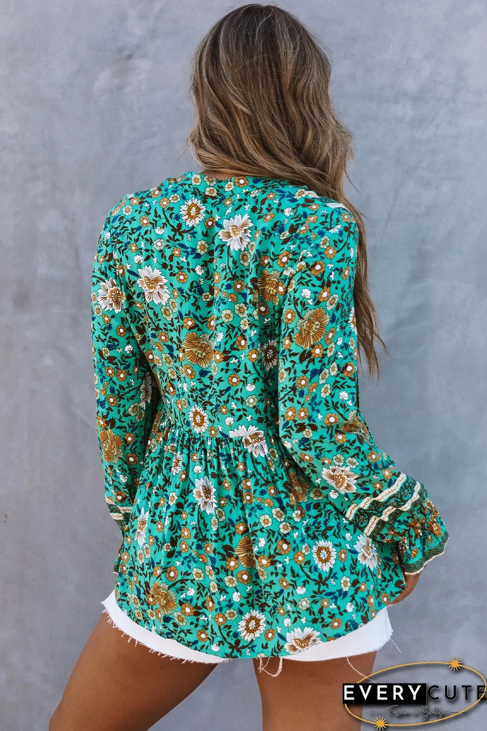 Green Boho Floral Print Peplum Long Sleeve Blouse