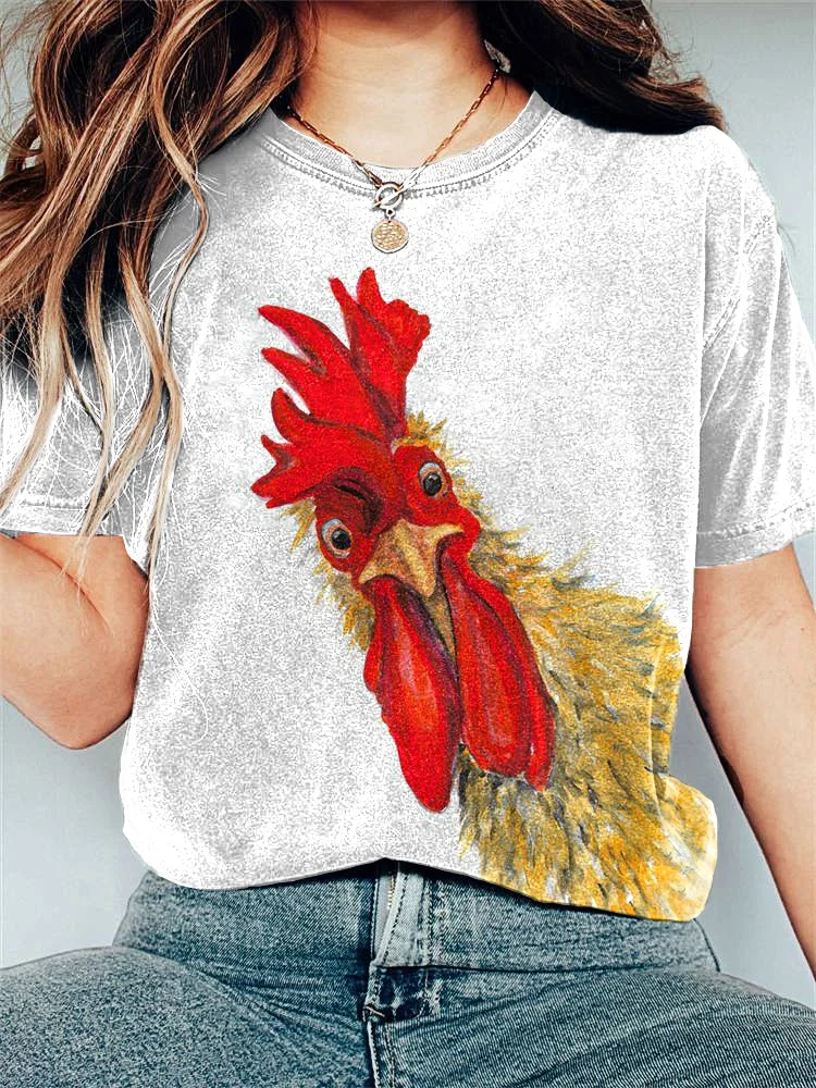 VChics Funny Rooster Print Casual Cozy Short Sleeve T-Shirt
