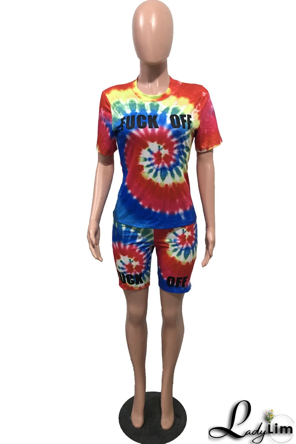 Yellow Fashion Casual Print Tie-dye O Neck Short Sleeve Two Pieces