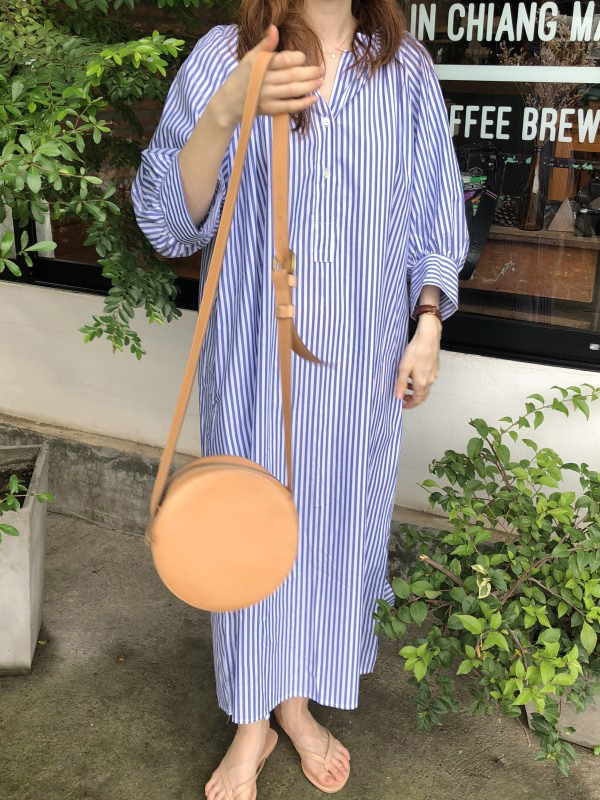 Striped Three Quarter Sleeve Loose Shirt Dress