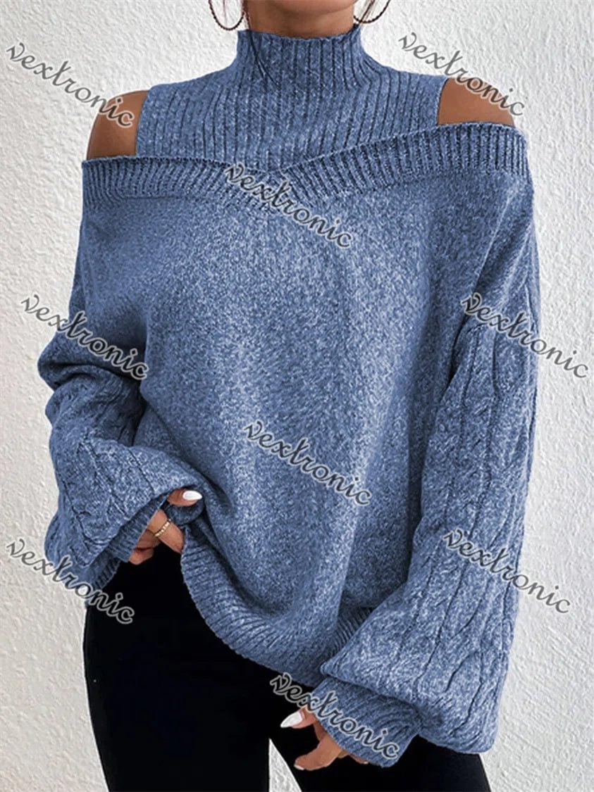 Cold Shoulder Mock Neck Cable Knit Sweater