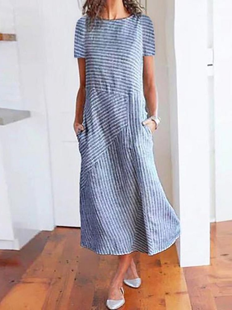 Ladies cotton and linen striped round neck short sleeve dress-Mayoulove