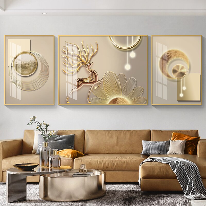 3 Panel Luxury Golden Deer Canvas Painting Wall Art Abstract Geometry Posters and Prints for Living Room Home Decor Cuadros