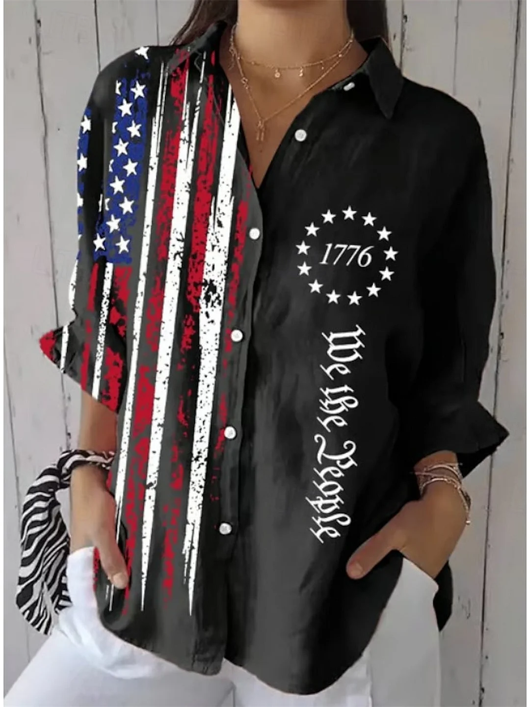 Women 3/4 Sleeve Shirt Collar National Flag Striped Printed Graphic Button Tops