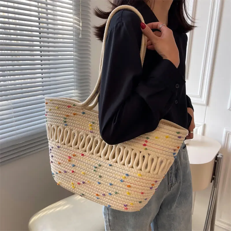 Vintage Colorblock Dot Hollow Boho Handmade Straw Tote Bag
