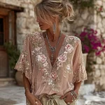 Women's Pink Flower Embroidered Art V-neck Short Sleeve Linen Blend T-shirt - Image 2