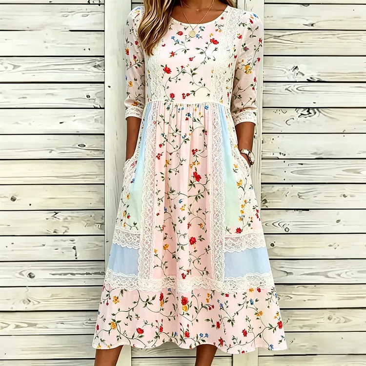 Women's Floral Lace Patchwork Art Casual Cotton Linen Long Dress