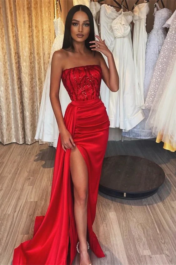 Miabel Sexy Red Strapless Sequins Split Prom Dress With Ruffle