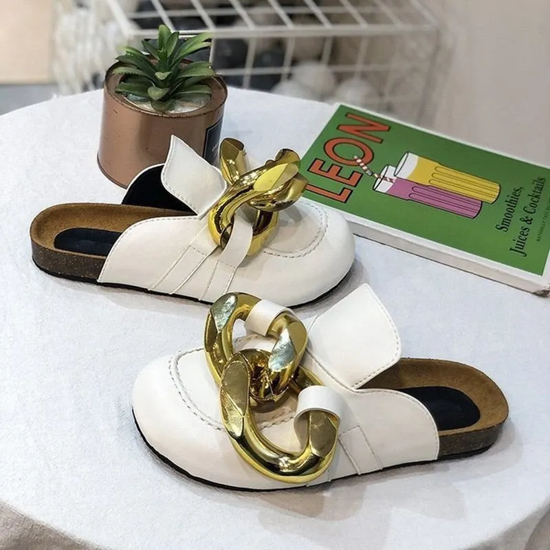 Women Slipper Women's Sandals New Design Gold Chain Closed Toe Slip On Mules Shoes Flat Heel Square Head Casual Slides Flip Flop