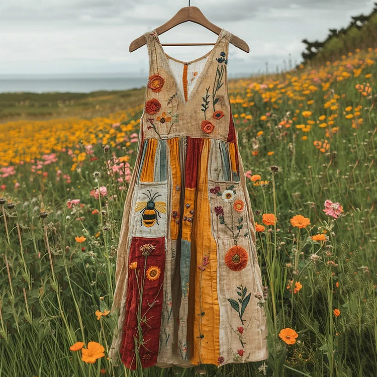 Simpfit Bienen-Wildblumen-BlumenDrucken-Kunst-Nachahmung aus Baumwolle und Leinen-Tank-Kleid