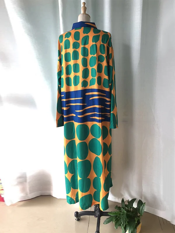 Effortless Style - Long-Sleeved Maxi Dresses with Loose Fit, Buttoned Front, Printed Lapel, and ...