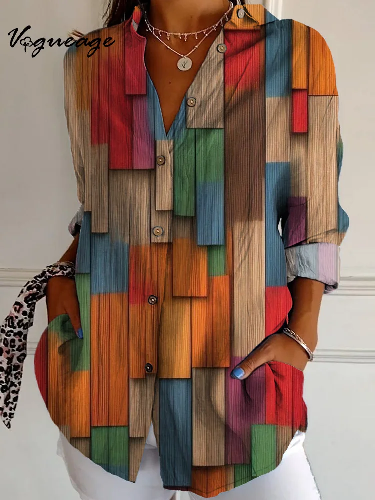 Colorful Long Square Stitching Long Sleeves Printed Cotton And Linen Shirt