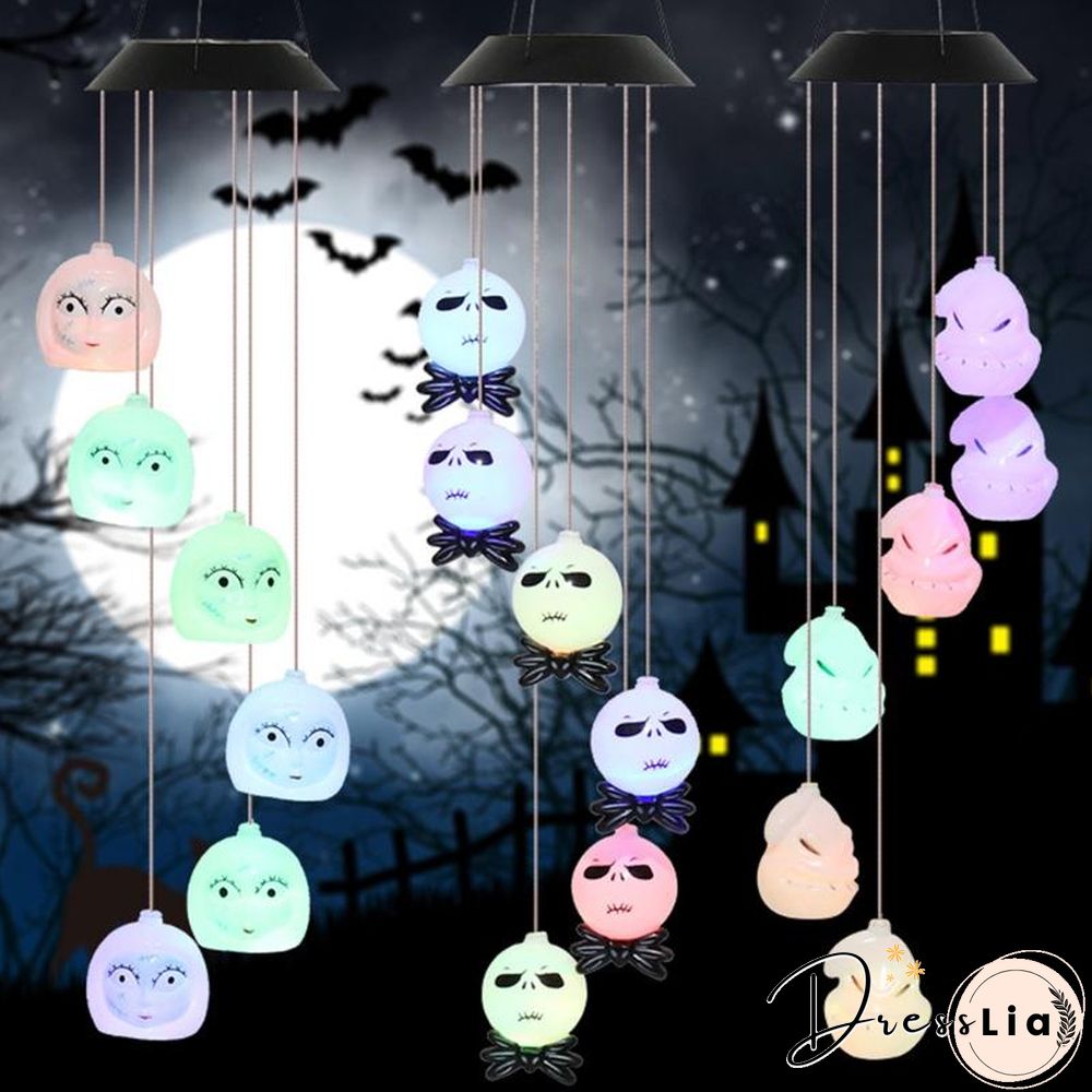 Halloween Solar Skeleton Skull Wind Chimes Light LED Color Changing