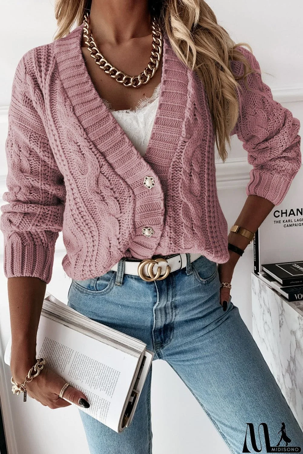 MidiSono - Buttons Weave Knit Cardigan