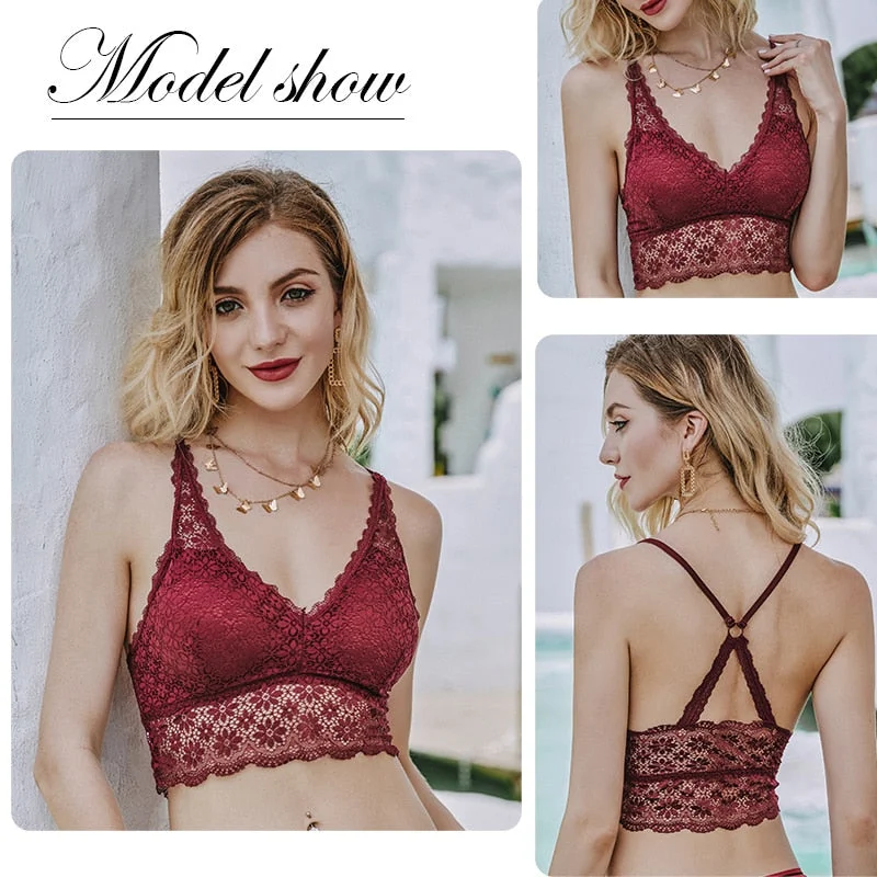 FINETOO Sexy Bralette Padded Bras For Women Transparent Wireless Bra Lace Intimates Lace Bralette Backless Brassiere Crop Tops