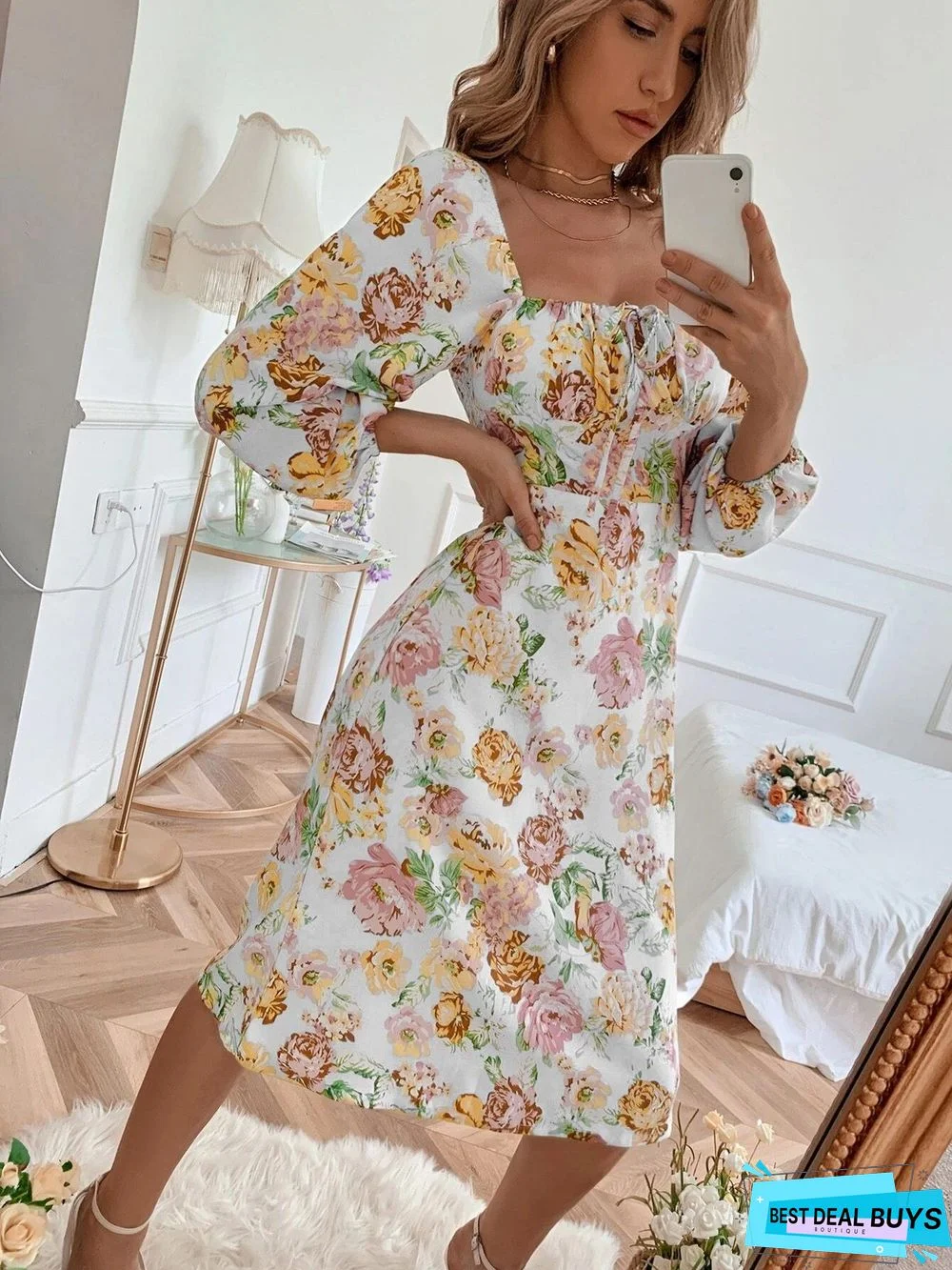 Square Tie Floral Long Sleeve Dress