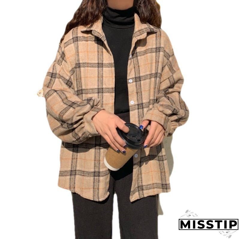 Women's Plaid Long-sleeved Shirt Autumn Korean Loose Blouses