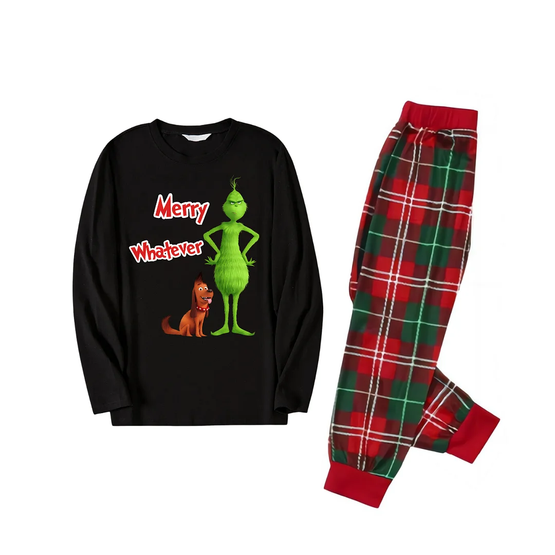 Cartoon Pattern and "Merry Whatever" Slogan Printed Red and Green Plaid Family Matching Pajamas